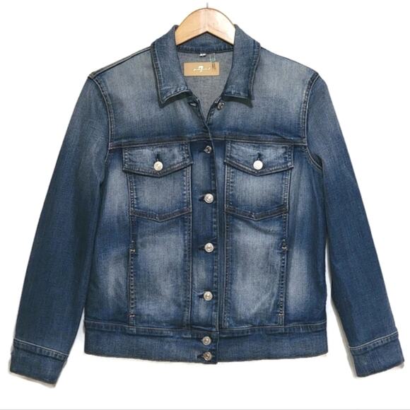 7 For All Mankind Womens Distressed Button Down Blue Denim Jean Jacket Size L - Picture 1 of 14